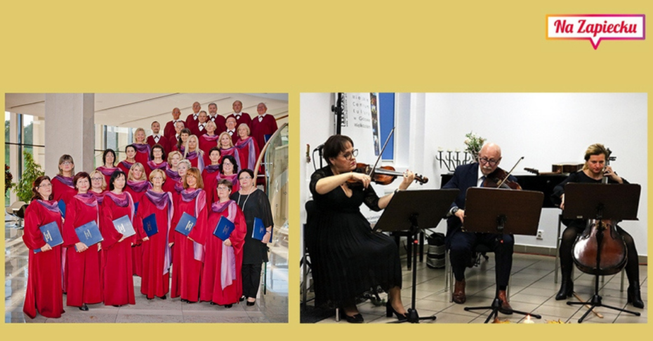 dwa zdjęcia grupowe przedstawiające chór Cantabile i zespół kameralny Sonata oraz logo klubu Na Zapiecku