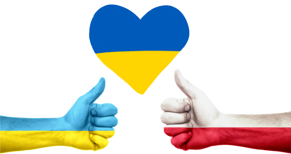 Grafika przedstawiająca dwa kciuki uniesione w górę, jeden w kolorach flagi ukraińskiej, a drugi polskiej oraz serce w kolorach flagi ukraińskiej