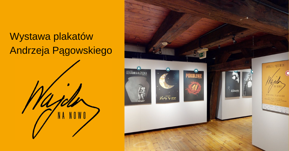 grafika promująca wirtualny spacer po wystawie plakatów Andrzeja Pągowskiego "wajda na nowo!", która odbyła się w filli Spichlerz w 2022 roku