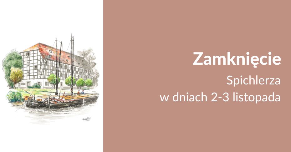 Grafika autorstwa R. Picińskiego przedstawiająca budynek Spichlerza z perspektywy rzeki Warty, u brzegu której zacumowane są dwie drewniane łodzie.